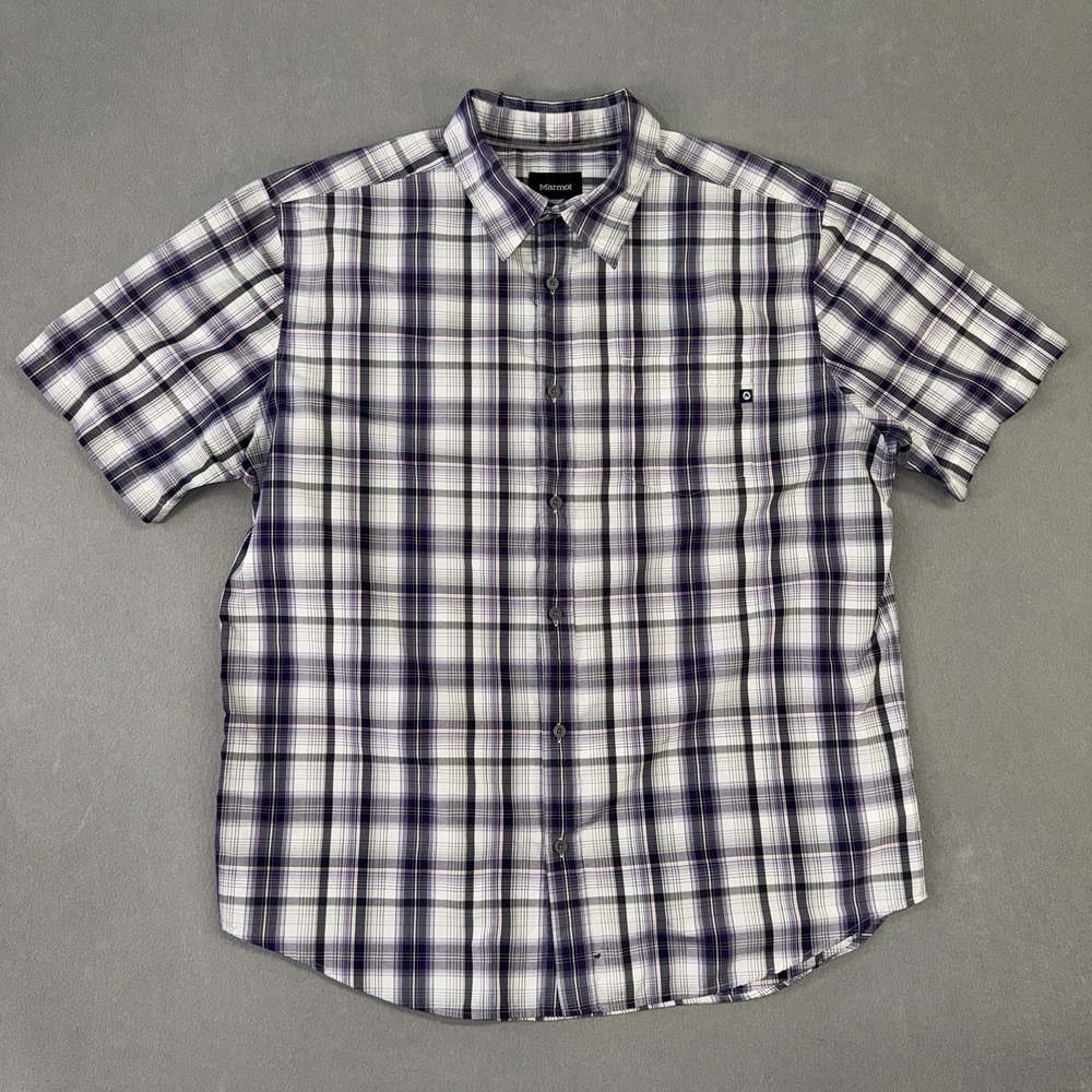 Men's Marmot Short Sleeve Button Up Hiking Shirt Purple‎ Plaid Size XL